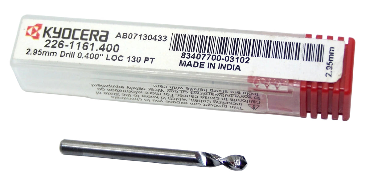 226-1161.400 Kyocera 2.95mm Carbide Drill 2 FLUTE 0.1161" Diameter 0.400" Flute 1.5" Length 0.1181" Shank 130° Point