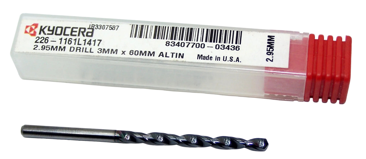 226-1161L1417 Kyocera 2.95mm Carbide Drill 2 FLUTE ALTiN Coated 0.1161" Diameter 0.1417" Flute 2.3622" Length 0.1181" Shank 130° Point