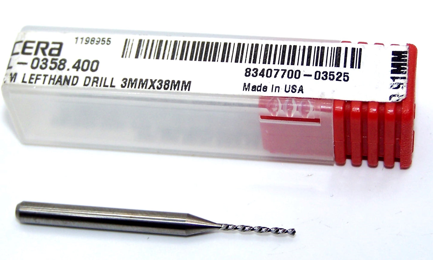 226L-0358.400 Kyocera 0.91mm Carbide Drill 2 Flute Left Hand 0.0358" Diameter 0.400" Flute 1.5" Length 0.1181" Shank 130° Point