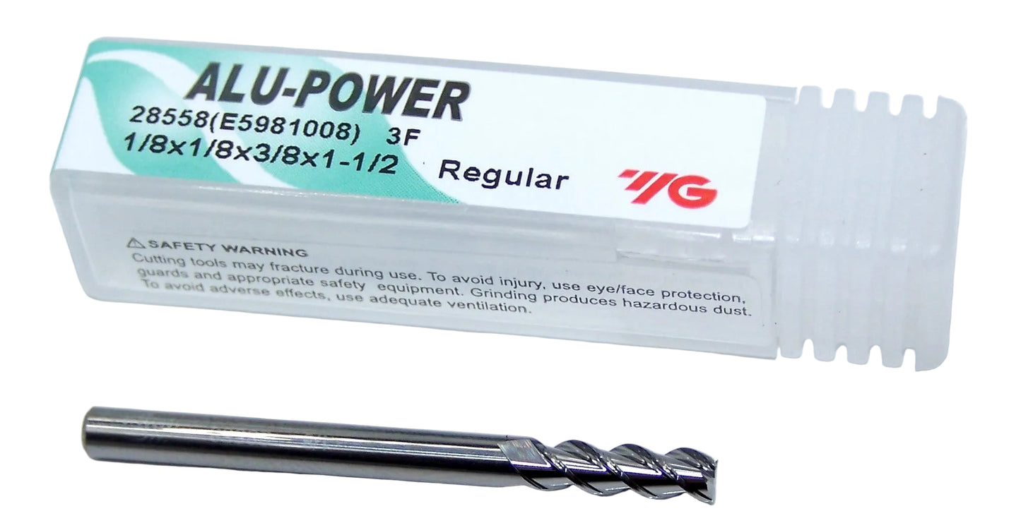 28558 YG1 1/8" Carbide 3 Flute End Mill ALU-POWER SQ for Aluminum .125" Diameter .375" Flute 1.50" OAL .125" Shank