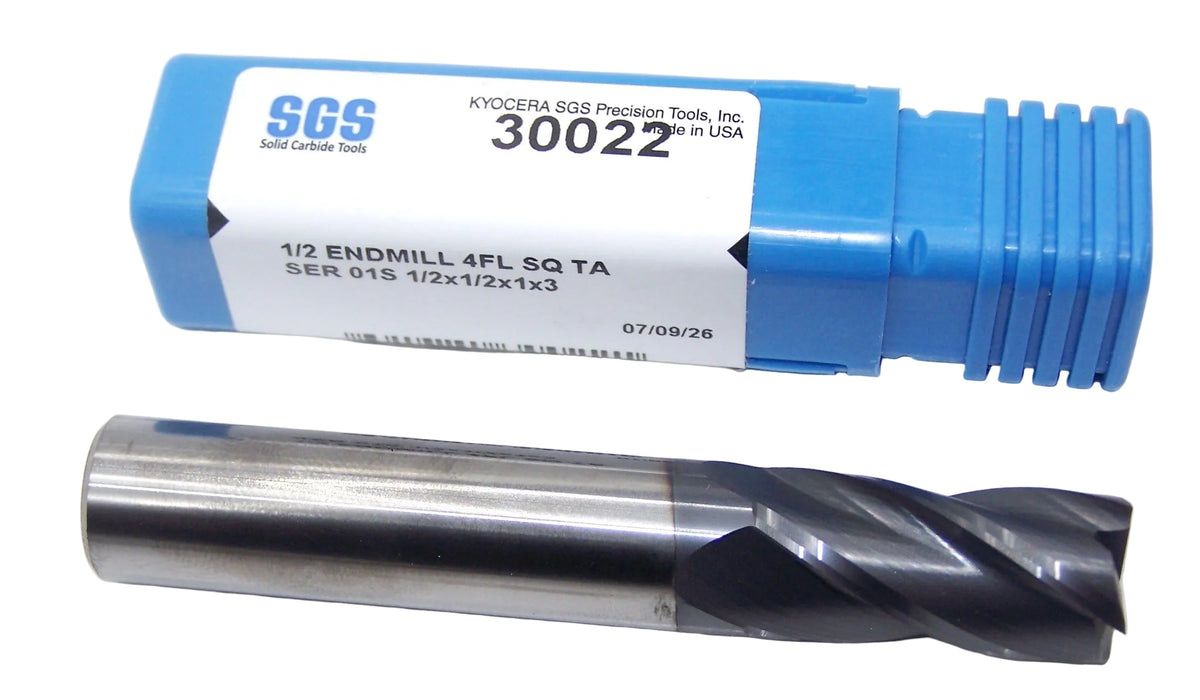 30022 Kyocera SGS 1/2" Carbide End Mill 4 Flute SQ AlTiN Coated .5000" Diameter 1.00" Flute 3.00" Length .500" Shank