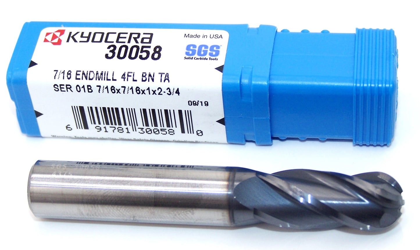 30058 Kyocera SGS 7/16" Carbide 4 Flute End Mill Ball AlTiN Coated .4375" Diameter 1.00" Flute 2.75" Overall Length .438" Shank