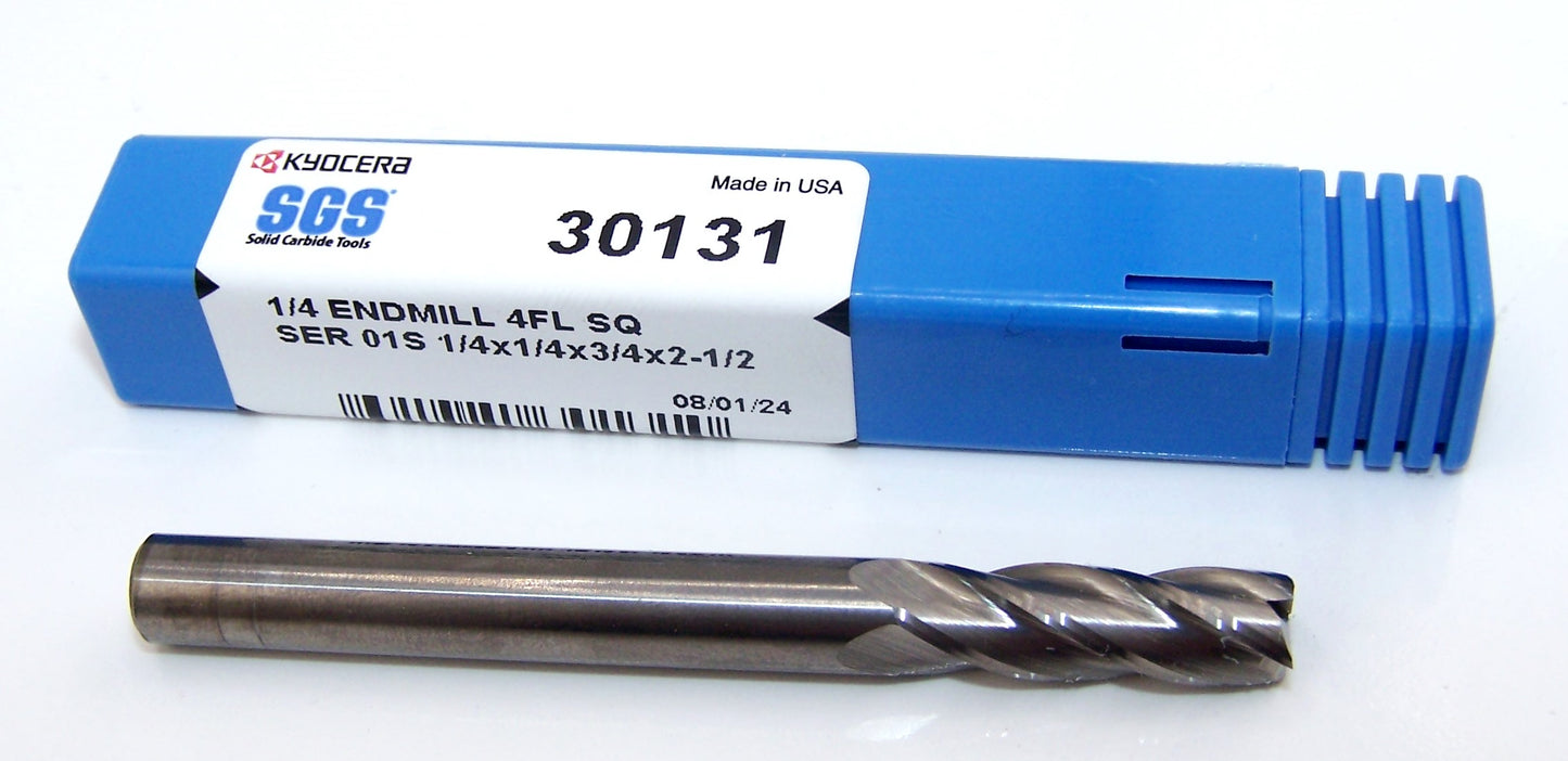 30131 Kyocera SGS 1/4" Carbide End Mill 4 Flute SQ .750"LOC General Purpose .2500" DIA