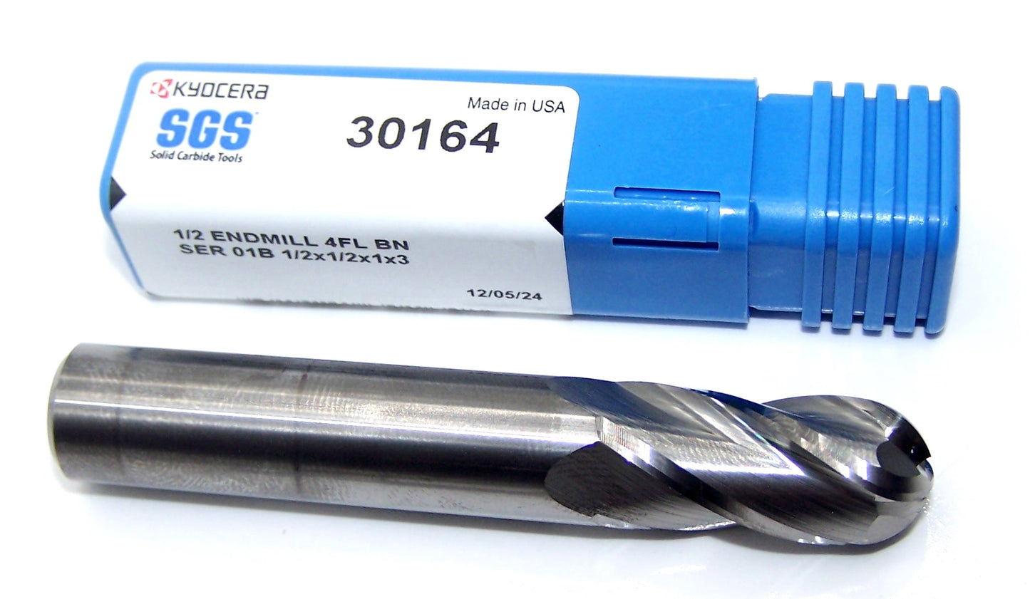 30164 Kyocera SGS 1/2" Carbide 4 Flute End Mill Ball .500" Diameter 1.00" Flute 3.00" Overall Length .500" Shank