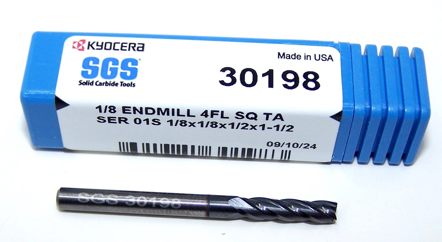 30198 Kyocera SGS 1/8" Carbide End Mill 4 Flute SQ TiAlN .1250" Diameter .500" Flute 1.50" Length .125" Shank