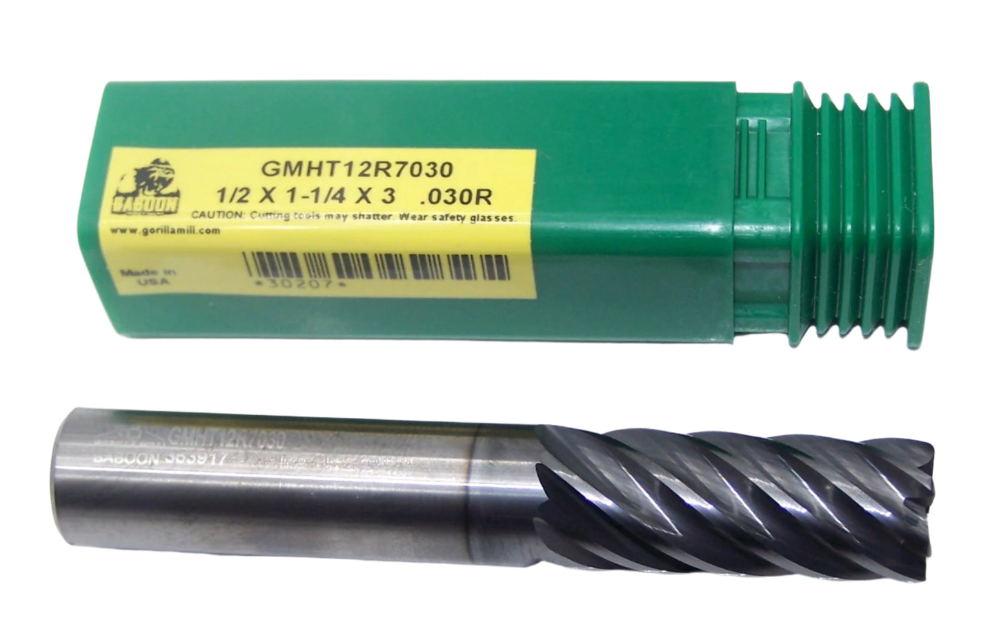 30207 Gorilla Mill 1/2" Carbide 7 Flute End Mill .030" Radius .500" Diameter 1.25" Flute 3" Length .500" Shank  GMS2 Coat