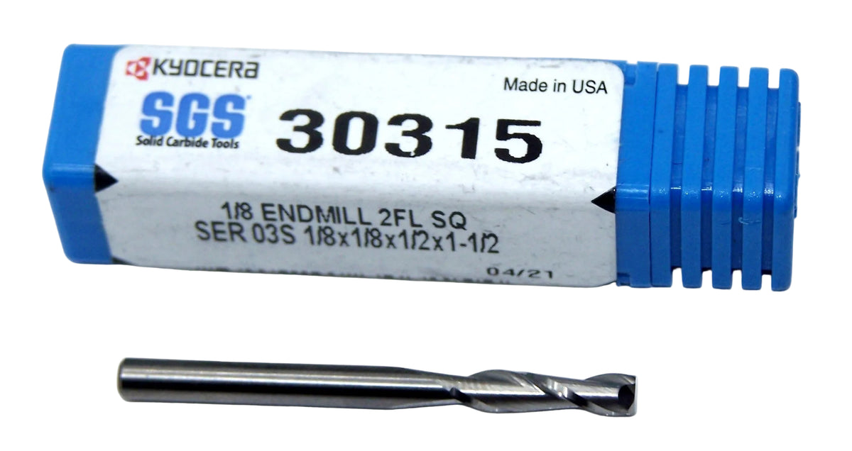 30515 Kyocera SGS 1/8" Carbide End Mill 2 Flute SQ .1250" DIA .500" Flute 1.50 Length .125" Shank