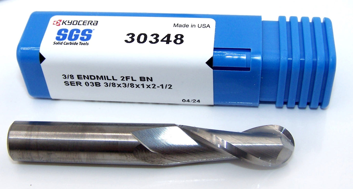 30348 Kyocera SGS 3/8" Carbide 2 Flute End Mill Ball End .375" Diameter 1.00" Flute  2.50" Length .375" Shank