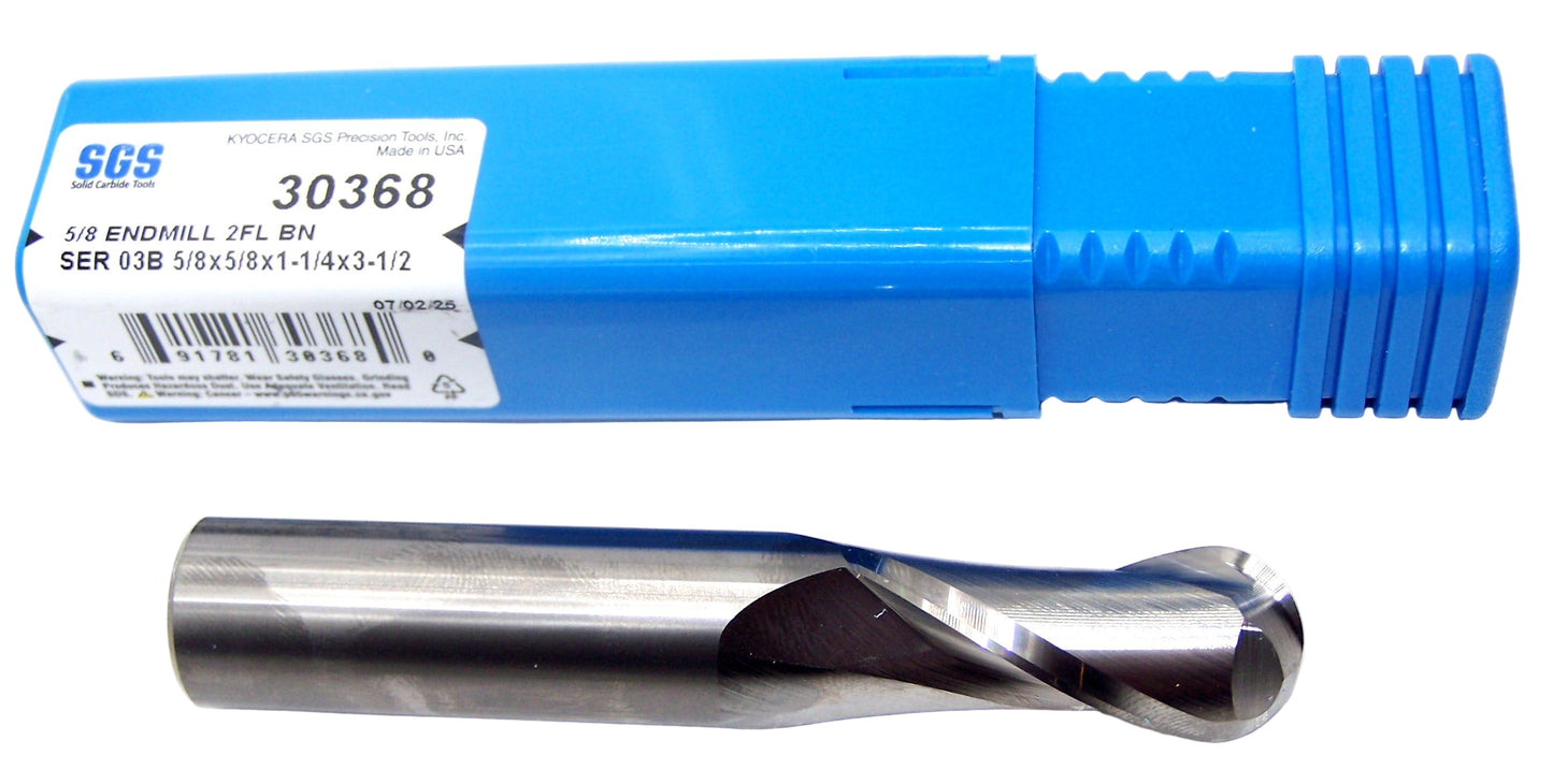 30368 Kyocera SGS 5/8" Carbide 2 Flute End Mill Ball End .625" Diameter 1.25" Flute  3.50" Length .625" Shank