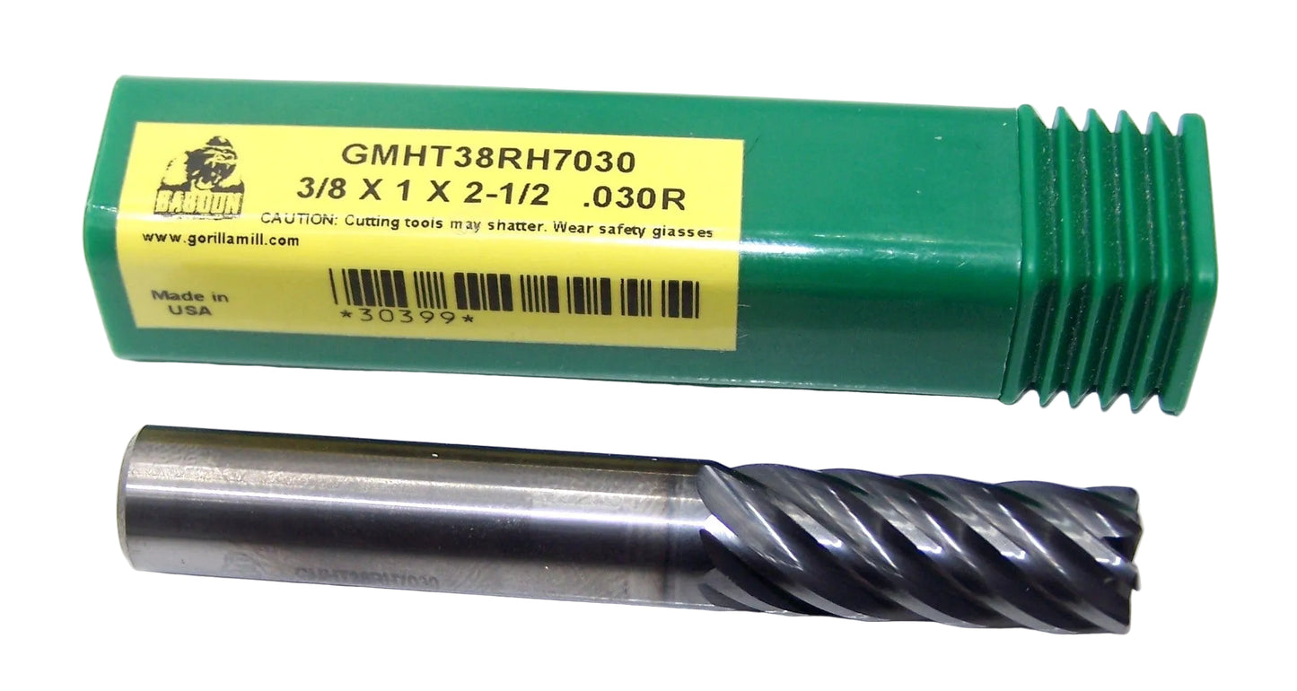 30399 Gorilla Mill 3/8" Carbide 7 Flute End Mill .030" Radius .375" Diameter 1.00" Flute 2.50" Length .375" Shank  GMS2 Coat Baboon