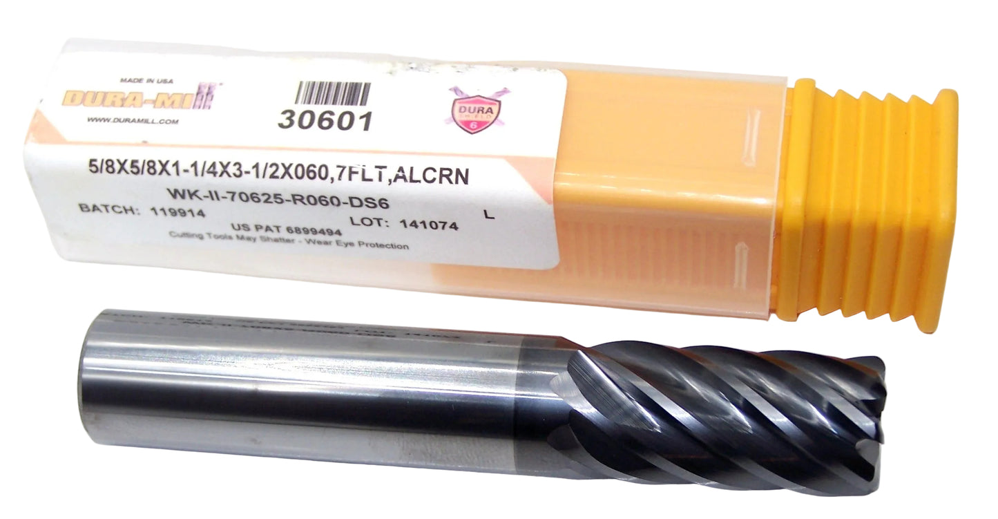 30601 Dura-Mill 5/8" Carbide 7 Flute End Mill .060" Radius .625" Diameter 1.25" Flute 3.25" Length .625" Shank  AlCrN Coat WhisperKut