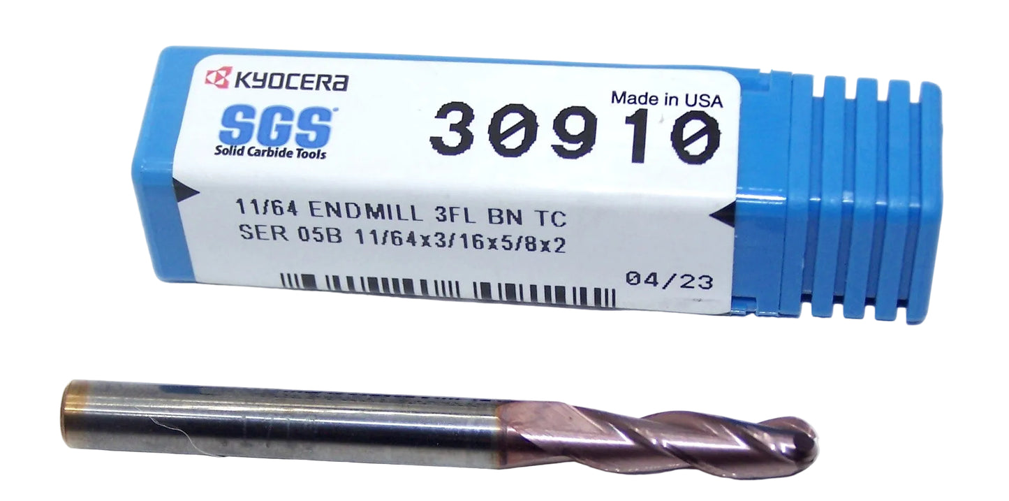 30910 Kyocera SGS 11/64" Carbide 3 Flute End Mill Ball .1719" Diameter .625" Flute 2.0" Length .1875" Shank (7)