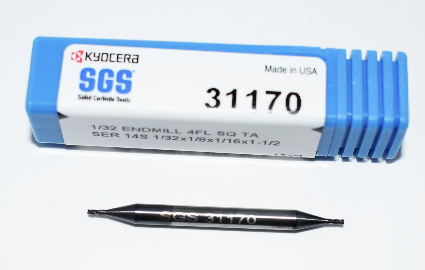 31170 Kyocera SGS 1/32" Carbide 4 Flute End Mill AlTiN Coated .0312" Diameter .0625" Flute 1.50" Overall Length .125" Shank - Double Ended