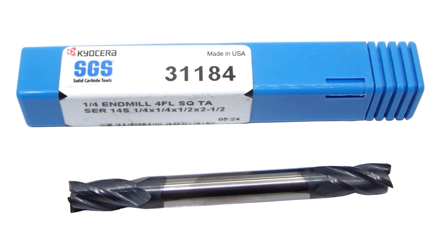 31184 Kyocera SGS 1/4" Carbide 4 Flute End Mill SQ AlTiN Coated .2500" Diameter .500" Flute 2.50" Overall Length .250" Shank - Double Ended