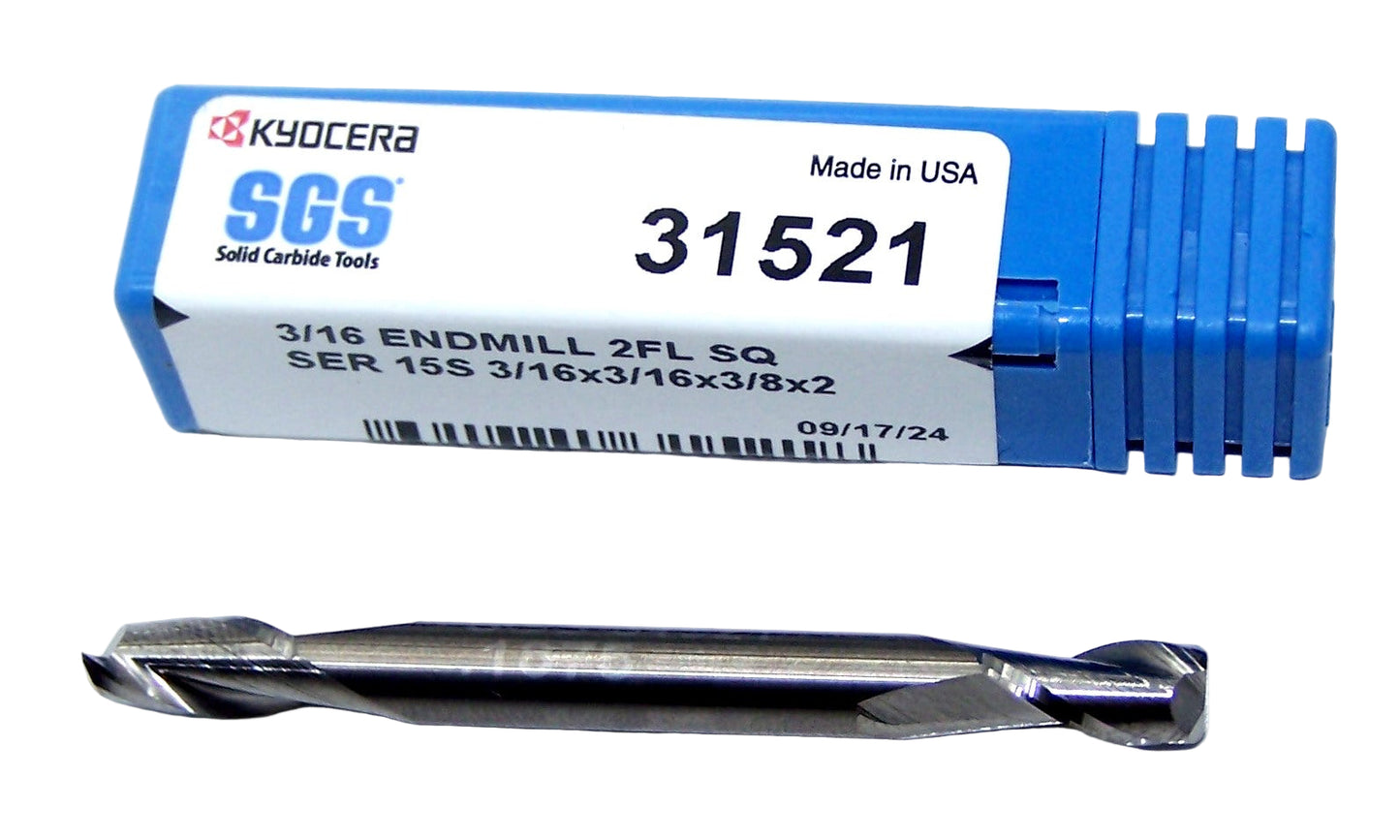 31521 Kyocera SGS 3/16" Carbide 2 Flute End Mill Square .1875" Diameter .375" Flute  2.00" Length .1875" Shank Double Ended