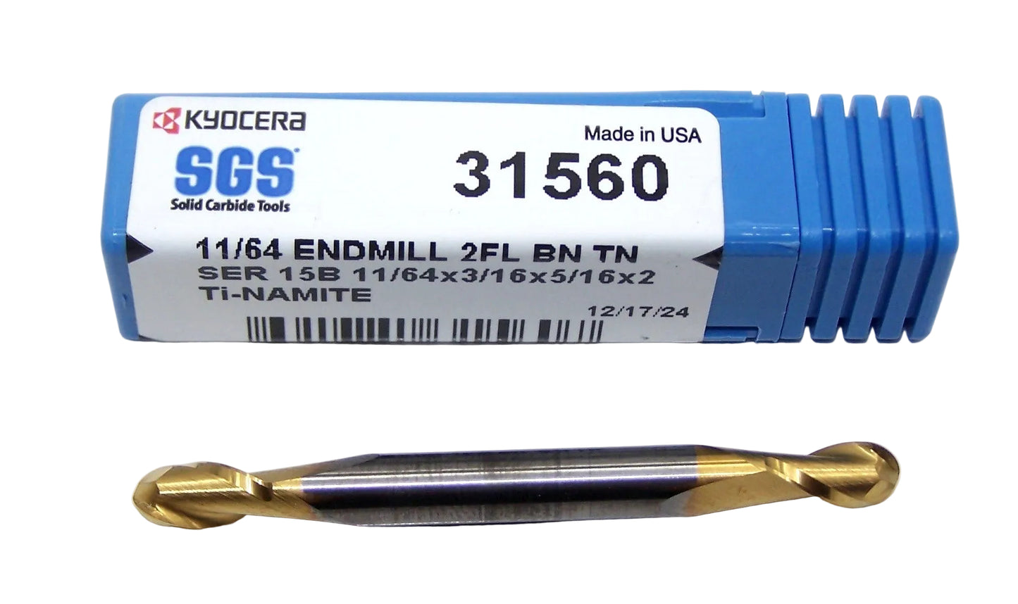 31560 Kyocera SGS 11/64" Carbide 2 Flute End Mill Ball TiN Coated .1719" Diameter .3125" Flute 2.00" Overall Length .1875" Shank Double Ended