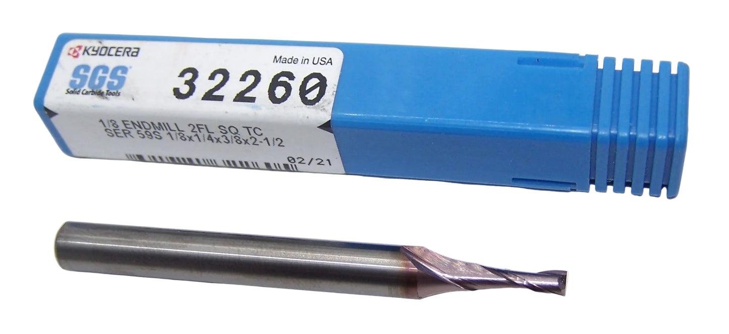 32260 Kyocera SGS 1/8" Carbide 2 Flute End Mill TiCN Coated  SQ 0.1250" Diameter 0.375" Flute 2.50" Length 0.250" Shank