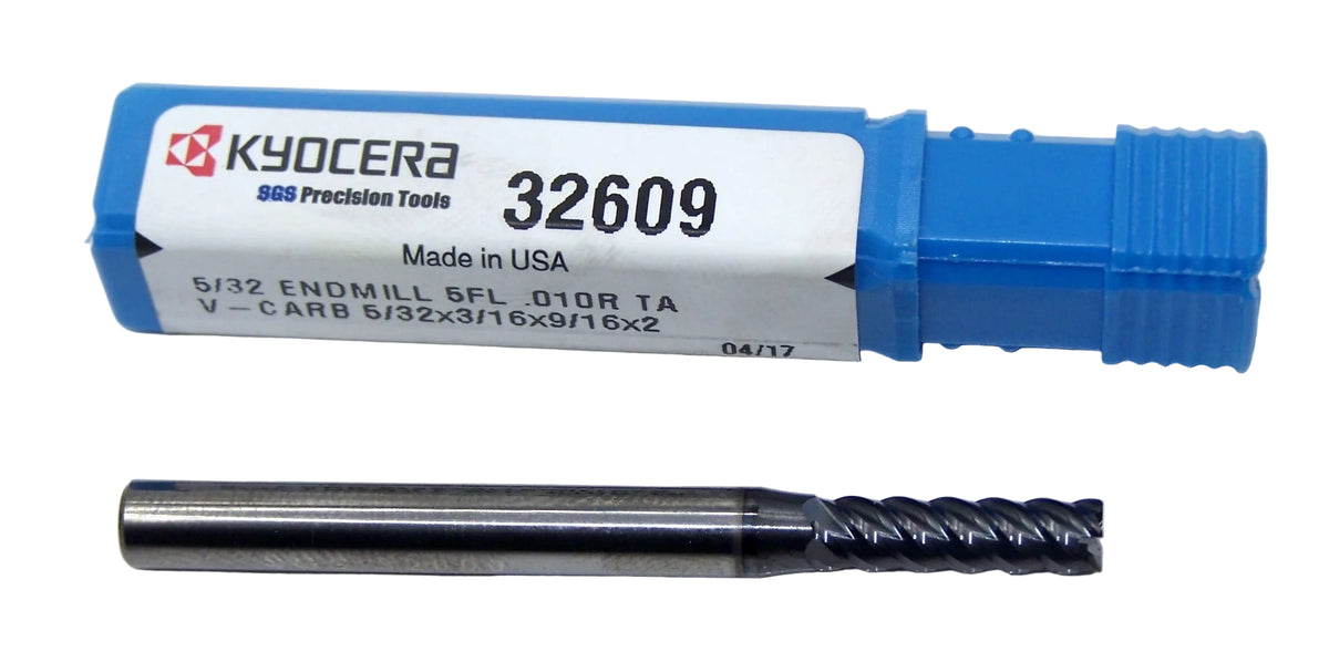 32609 Kyocera SGS 5/32" Carbide 5 Flute End Mill .010" Radius AlTiN Coating  .1562" Diameter .562" Flute 2.00" Length .1875" Shank  V-Carb