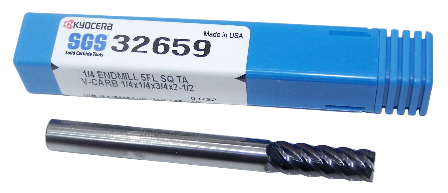 32659 Kyocera SGS 1/4" Carbide 5 Flute End Mill SQ AlTiN Coating  .250" Diameter .750" Flute 2.50" Length .250" Shank  V-Carb