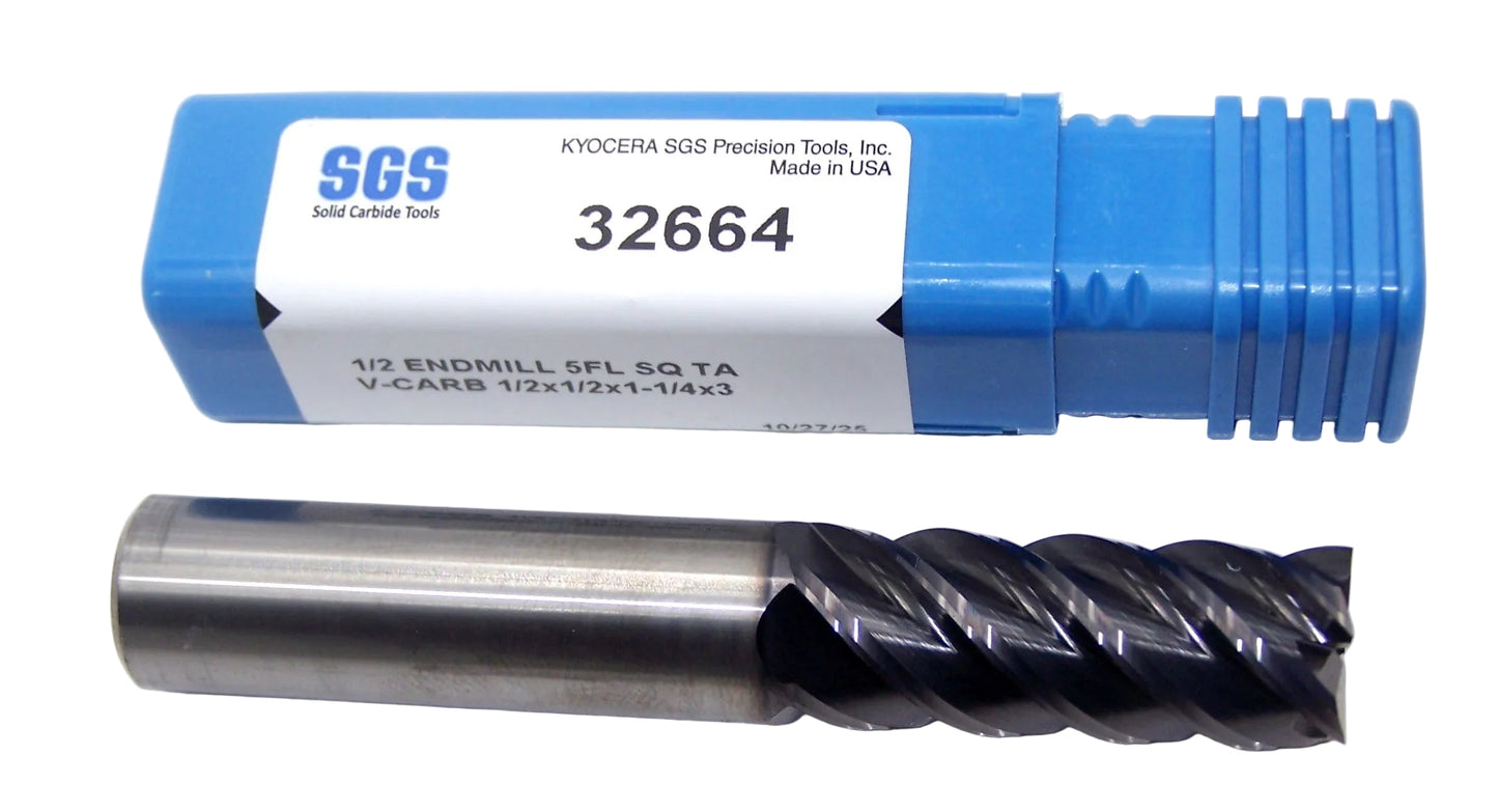 32664 Kyocera SGS 1/2" Carbide 5 Flute End Mill SQ AlTiN Coating  .500" Diameter 1.25" Flute 3.00" Length .500" Shank  V-Carb