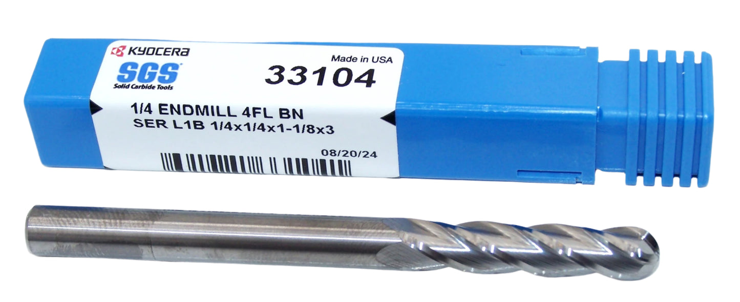 33104 Kyocera SGS 1/4" Carbide 4 Flute End Mill Ball Extended Flute .2500" Diameter 1.125" Flute 3.00" Overall Length .250" Shank