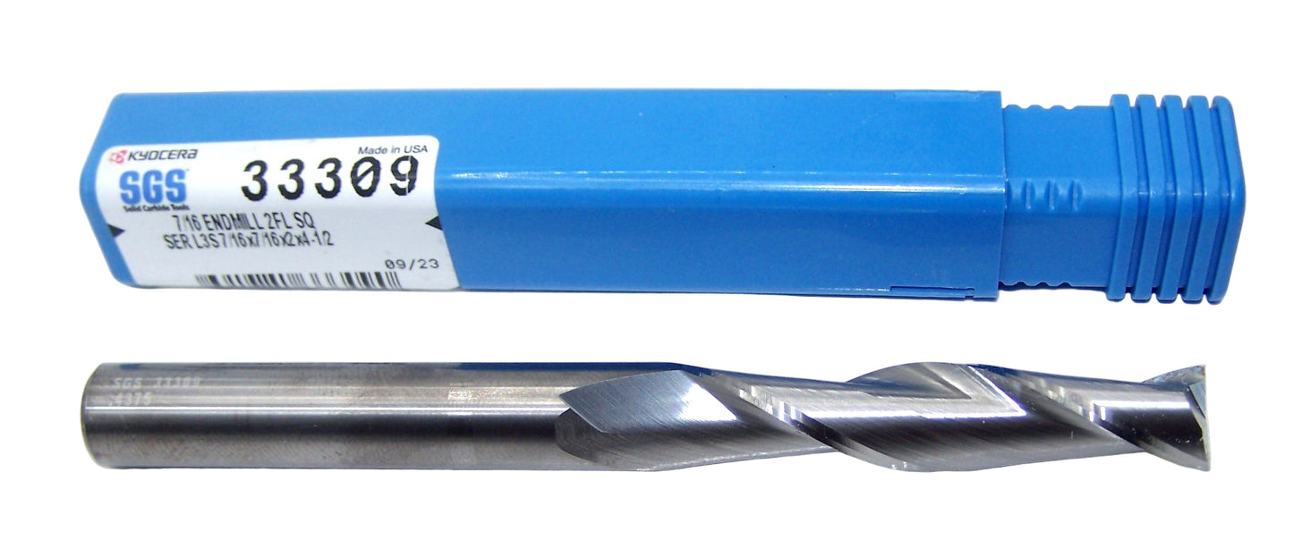 33309 Kyocera SGS 7/16"CARBIDE 2 Flute End Mill General Purpose .4375" Diameter 2.00"Flute 4.5" OAL .438" Shank