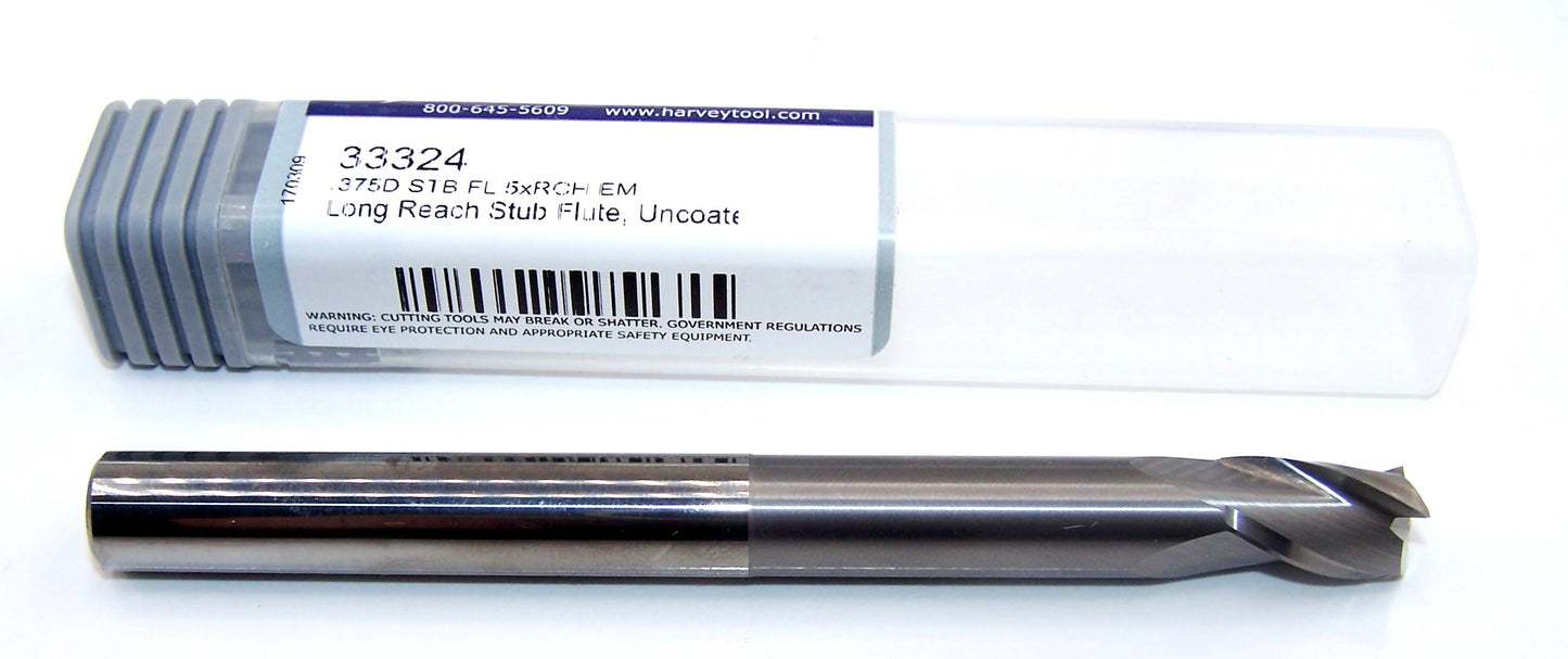 33324 Harvey Tool 3/8" Carbide 3 Flute End Mill 2.00" Long Reach Stub Flute .3750" Diameter .570" Flute 4.00" Length .375" Shank