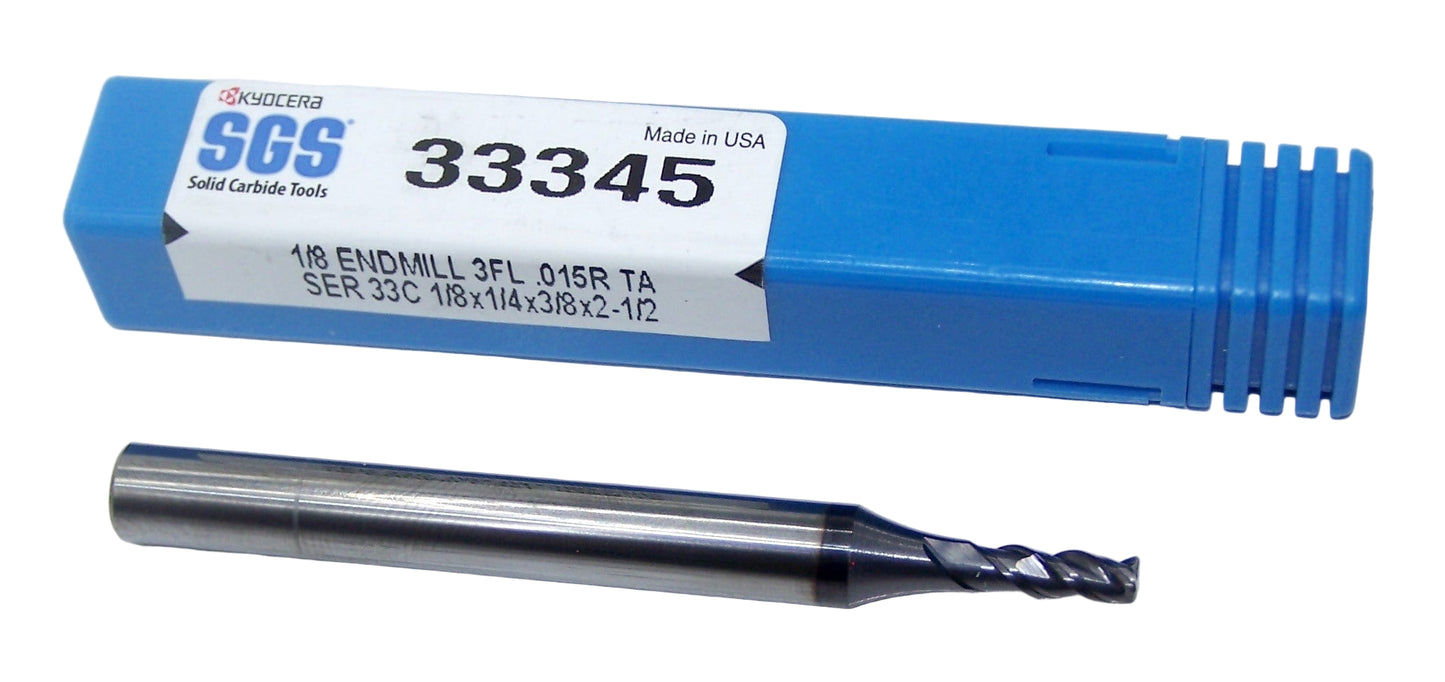 33345 Kyocera SGS 1/8" Carbide 3 Flute End Mill AlTiN Coated  .015" Radius 0.1250" Diameter 0.375" Flute 2.50" Length 0.250" Shank Titan Series