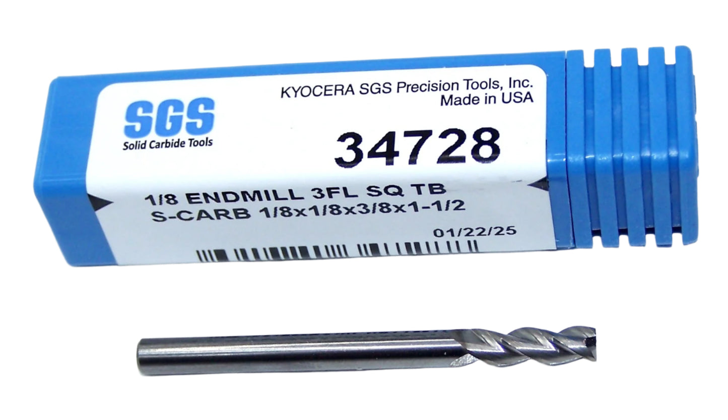34728 Kyocera SGS 1/8" Carbide 3 Flute End Mill TiB2 Coated S-Carb Square 0.1250 Diameter .375 Flute 1.50 Length .125 Shank