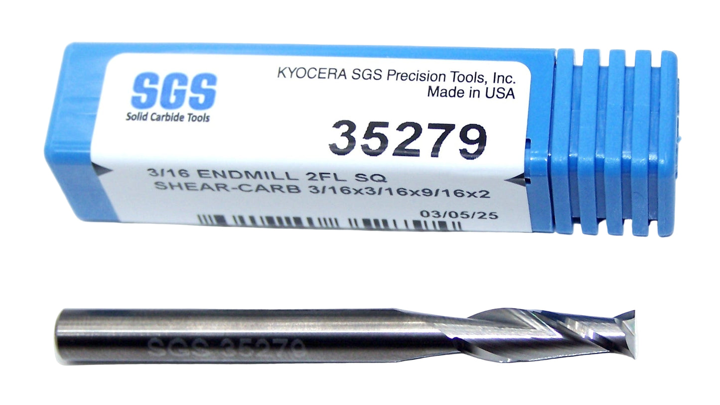 35279 Kyocera SGS 3/16" Carbide 2 Flute End Mill SHEAR-CARB .1875" Diameter 0.562"Flute 2.00" OAL .1875" Shank