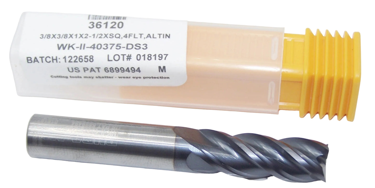 36120 Dura-Mill 3/8" Carbide 4 Flute End Mill Square .375" Diameter 1.00" Flute 2.50" Length .375" Shank  AlTiN Coat WhisperKut