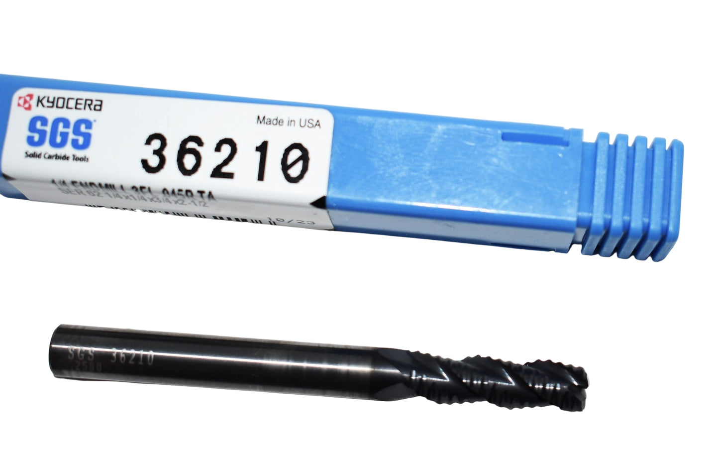 36210 Kyocera SGS 1/4" Carbide 3 Flute End Mill Chipbreaker Rougher .045" Radius AlTiN Coating .250" Diameter .750" Flute 2.50" Length .250" Shank
