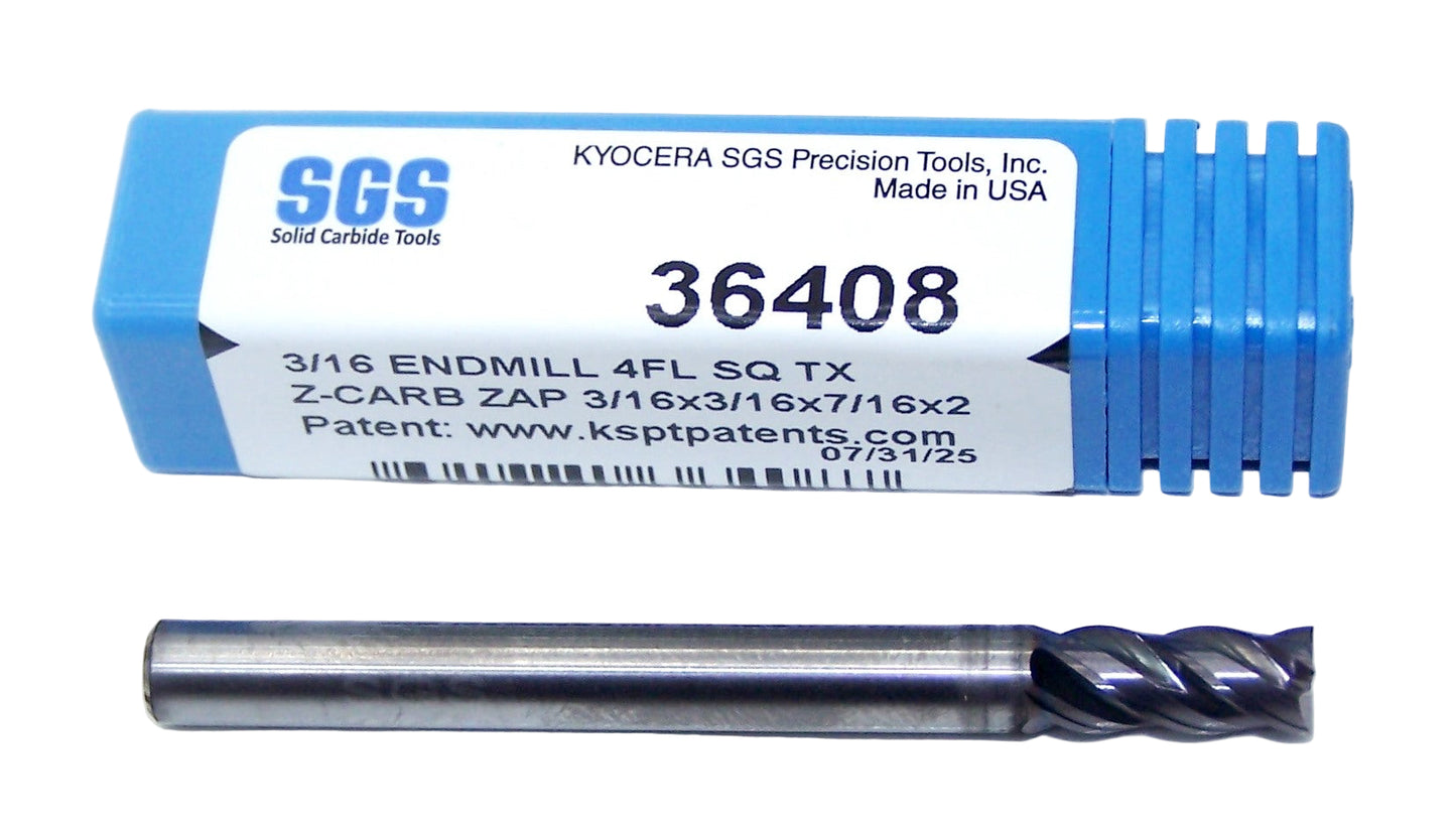 36408 Kyocera SGS 3/16" Carbide 4 Flute End Mill SQ .1875" Diameter .437" Flute 2.00" Length .1875" Shank  Z-Carb ZAP