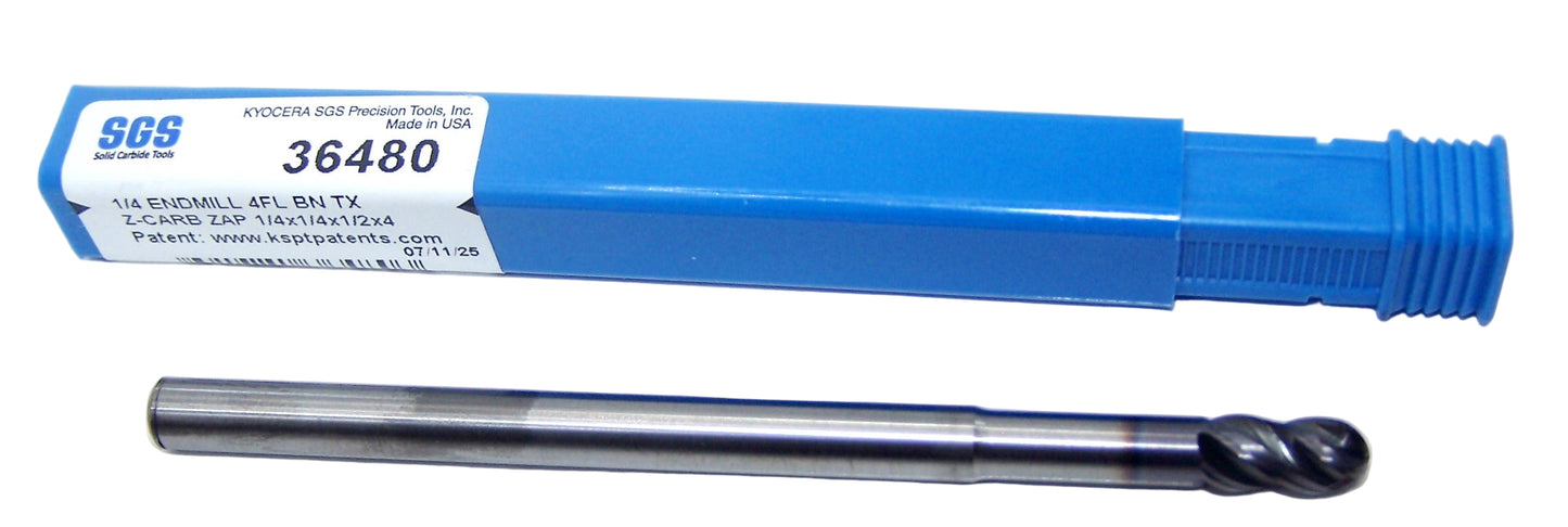 36480 Kyocera SGS 1/4" Carbide 4 Flute End Mill Ball End 1.25" Long Reach .1250" Diameter .500" Flute 4.00" Length .250" Shank  Z-Carb ZAP