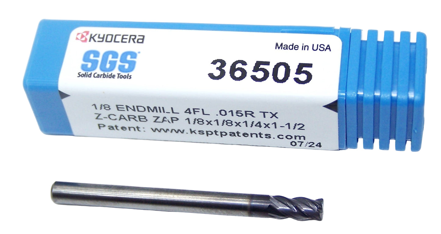 36505 Kyocera SGS 1/8" Carbide 4 Flute End Mill .015" Radius .125" Diameter .250" Flute1.50" Length .125" Shank  Z-Carb