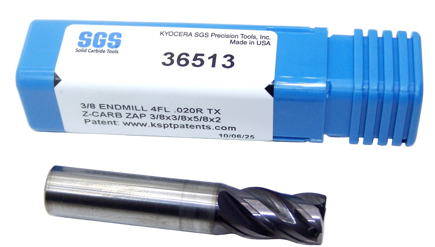 36513 Kyocera SGS 3/8" Carbide 4 Flute End Mill .020" Radius .375" Diameter .625" Flute 2.00" Length .375" Shank  Z-Carb