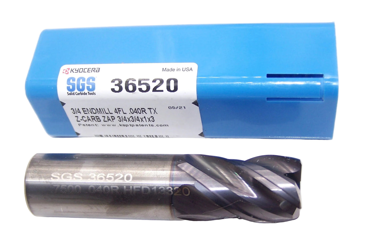 36520 Kyocera SGS 3/4" Carbide 4 Flute End Mill .040" Radius .750" Diameter 1.00" Flute 3.00" Length .750" Shank  Z-Carb AP