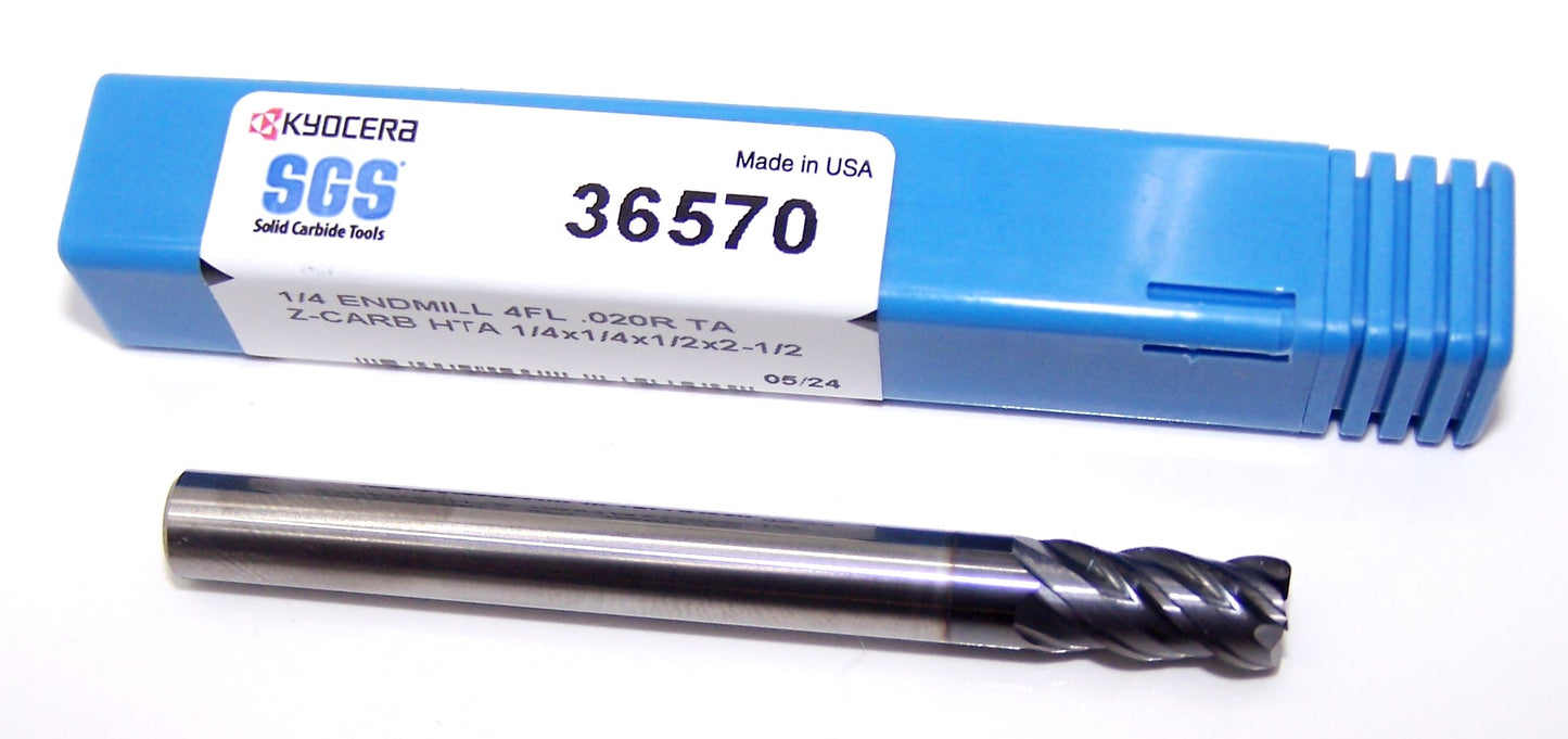 36570 Kyocera SGS 1/4" Carbide 4 Flute End Mill .020" Radius .250" Diameter .500" Flute 2.50" Length .250" Shank  Z-Carb HTA