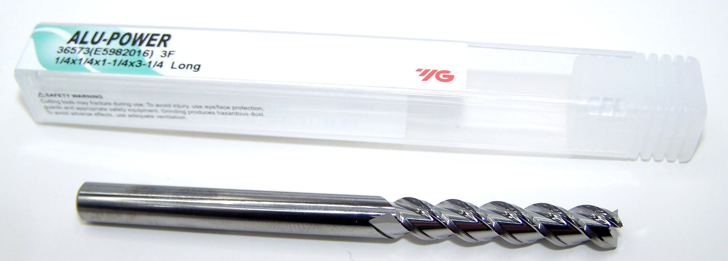 36573 YG1 1/4" Carbide 3 Flute End Mill ALU-POWER SQ for Aluminum .250" Diameter 1.25" Flute 3.25" OAL .250" Shank