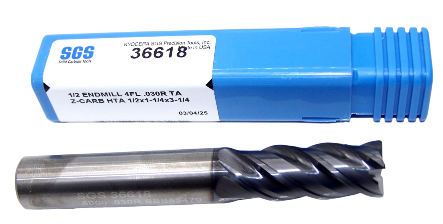 36618 Kyocera SGS 1/2" Carbide 4 Flute End Mill .030" Radius .500" Diameter 1.25" Flute 3.25" Length .500" Shank  Z-Carb HTA