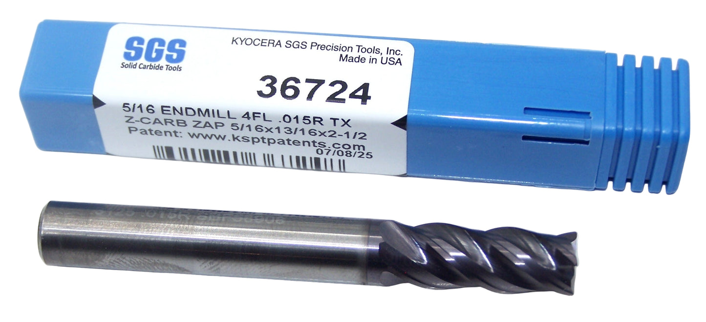 36724 Kyocera SGS 5/16" Carbide 4 Flute End Mill .015" Radius .3125" Diameter 0.813" Flute 2.50" Length .3125" Shank  Z-Carb AP