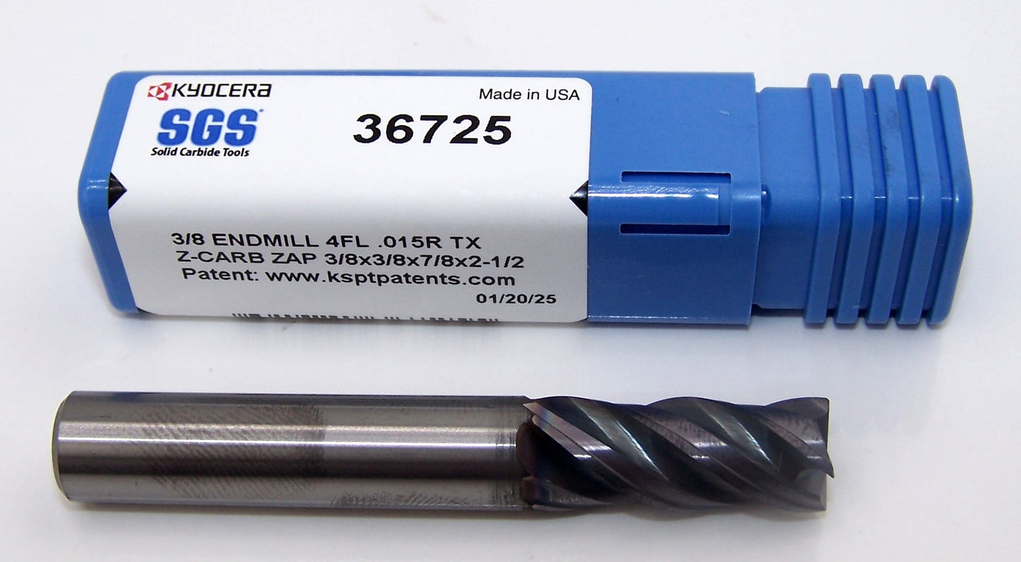 36725 Kyocera SGS 3/8" Carbide 4 Flute End Mill .015" Radius .375" Diameter 0.875" Flute 2.50" Length .375" Shank  Z-Carb ZAP