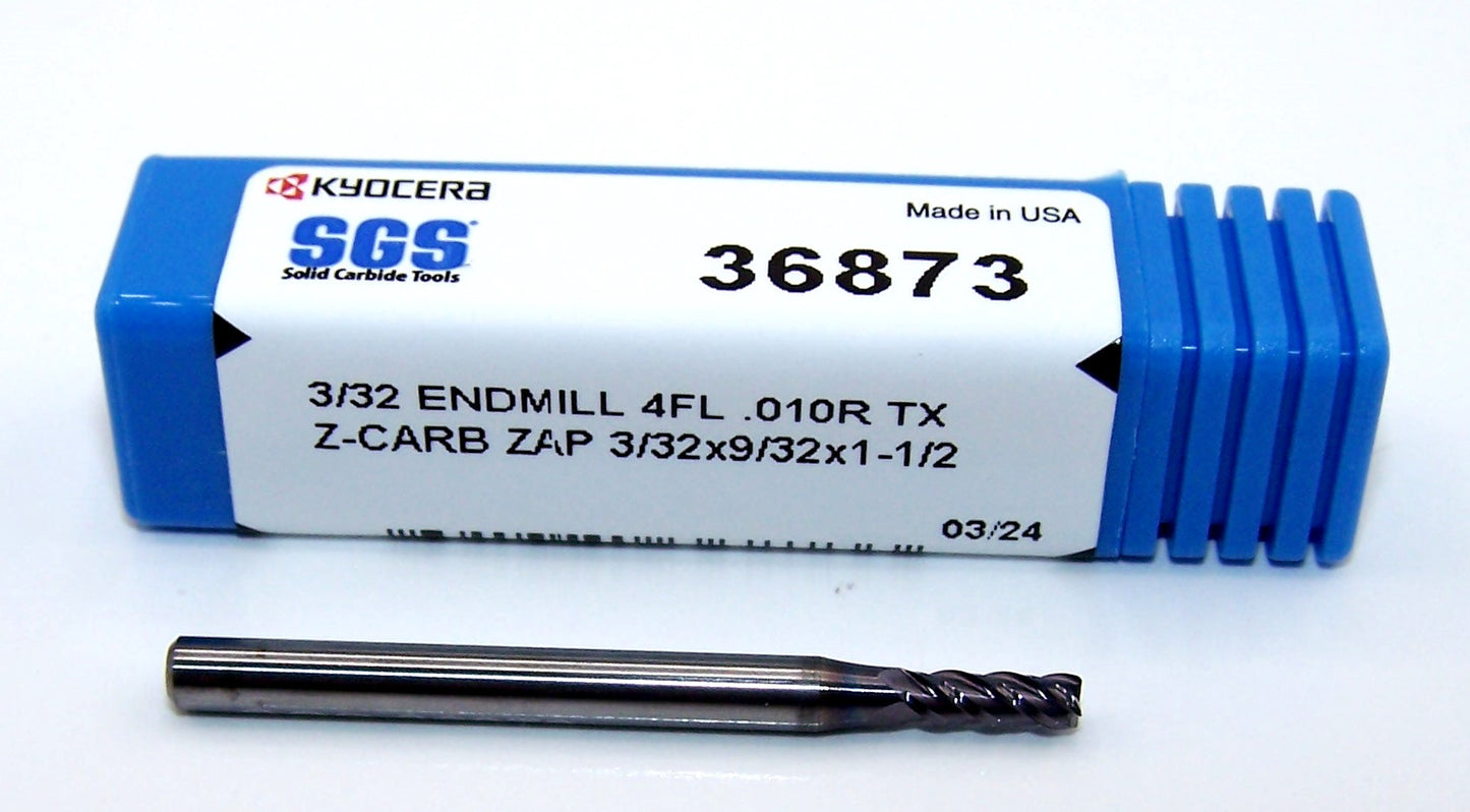 36873 Kyocera SGS 3/32" Carbide 4 Flute End Mill .010" Radius TX Coated .0938" Diameter .281" Flute 1.50" Length .125" Shank  Z-Carb ZAP