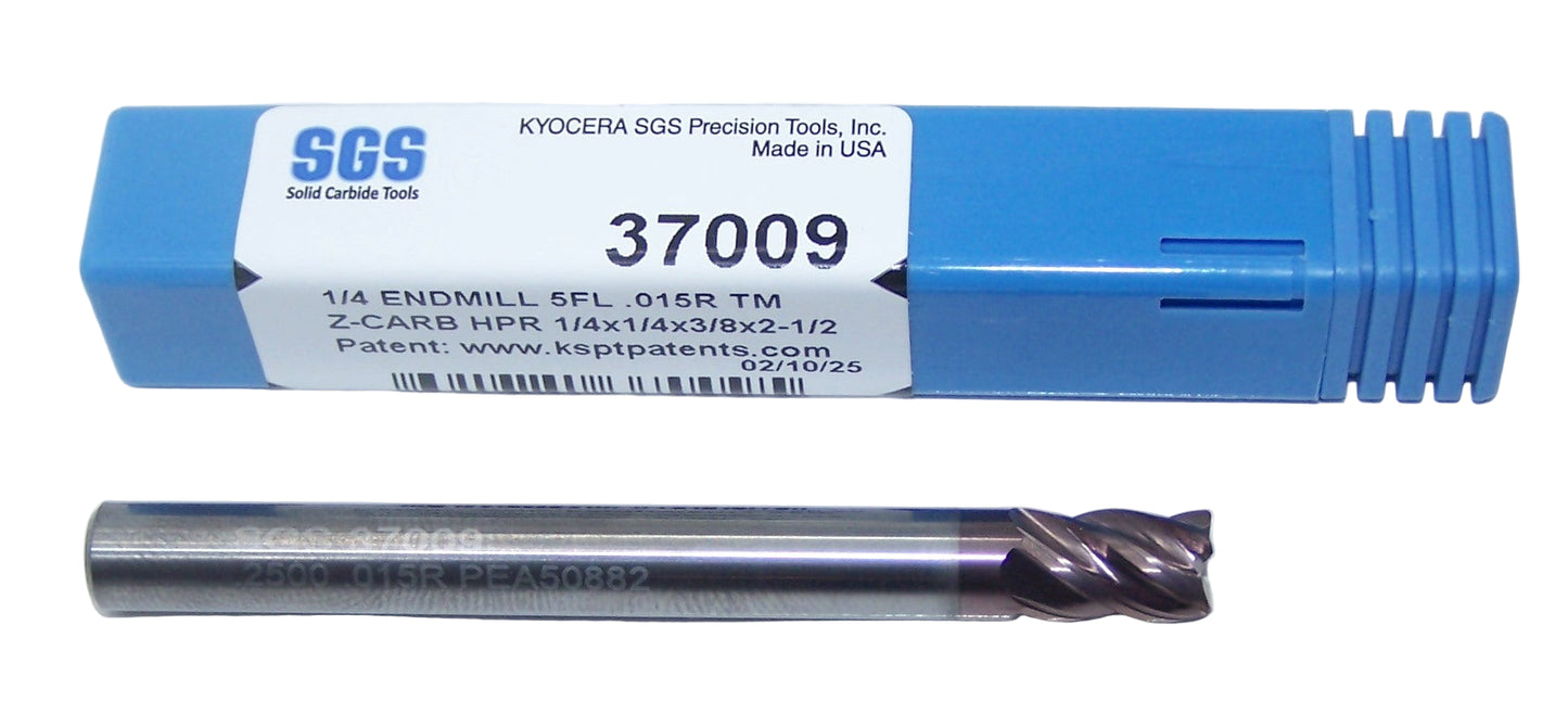 37009 Kyocera SGS 1/4" Carbide 5 Flute End Mill .015" Radius .250" Diameter 0.375" Flute 2.50" Length .250" Shank  Z-Carb HPR