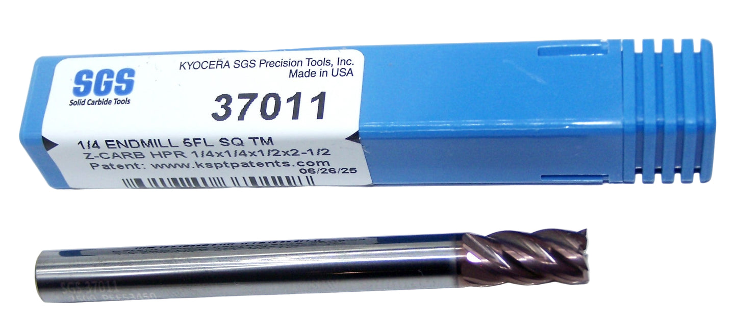 37011 Kyocera SGS 1/4" Carbide 5 Flute End Mill Square .250" Diameter 0.500" Flute 2.50" Length .250" Shank  Z-Carb HPR