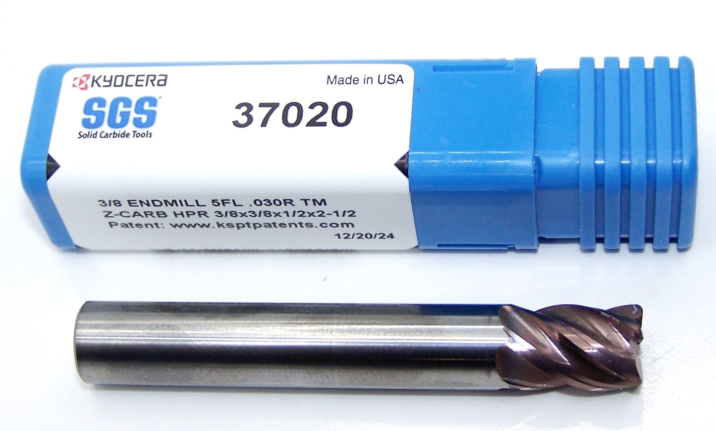 37020 Kyocera SGS 3/8" Carbide 5 Flute End Mill .030" Radius .375" Diameter 0.500" Flute 2.50" Length .375" Shank  Z-Carb-HPR