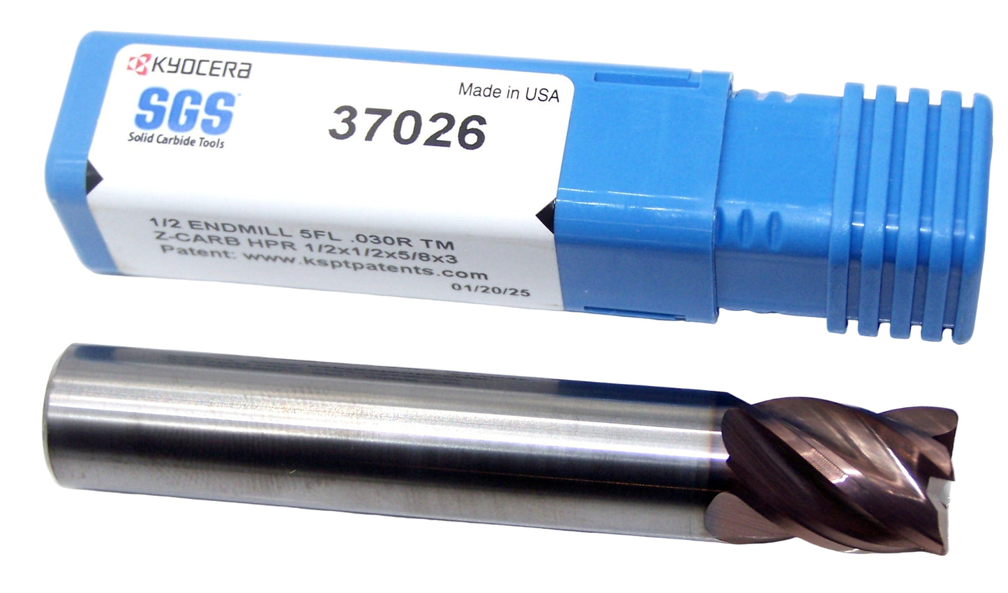 37026 Kyocera SGS 1/2" Carbide 5 Flute End Mill .030" Radius .500" Diameter 0.625" Flute 3.00" Length .500" Shank  Z-Carb HPR