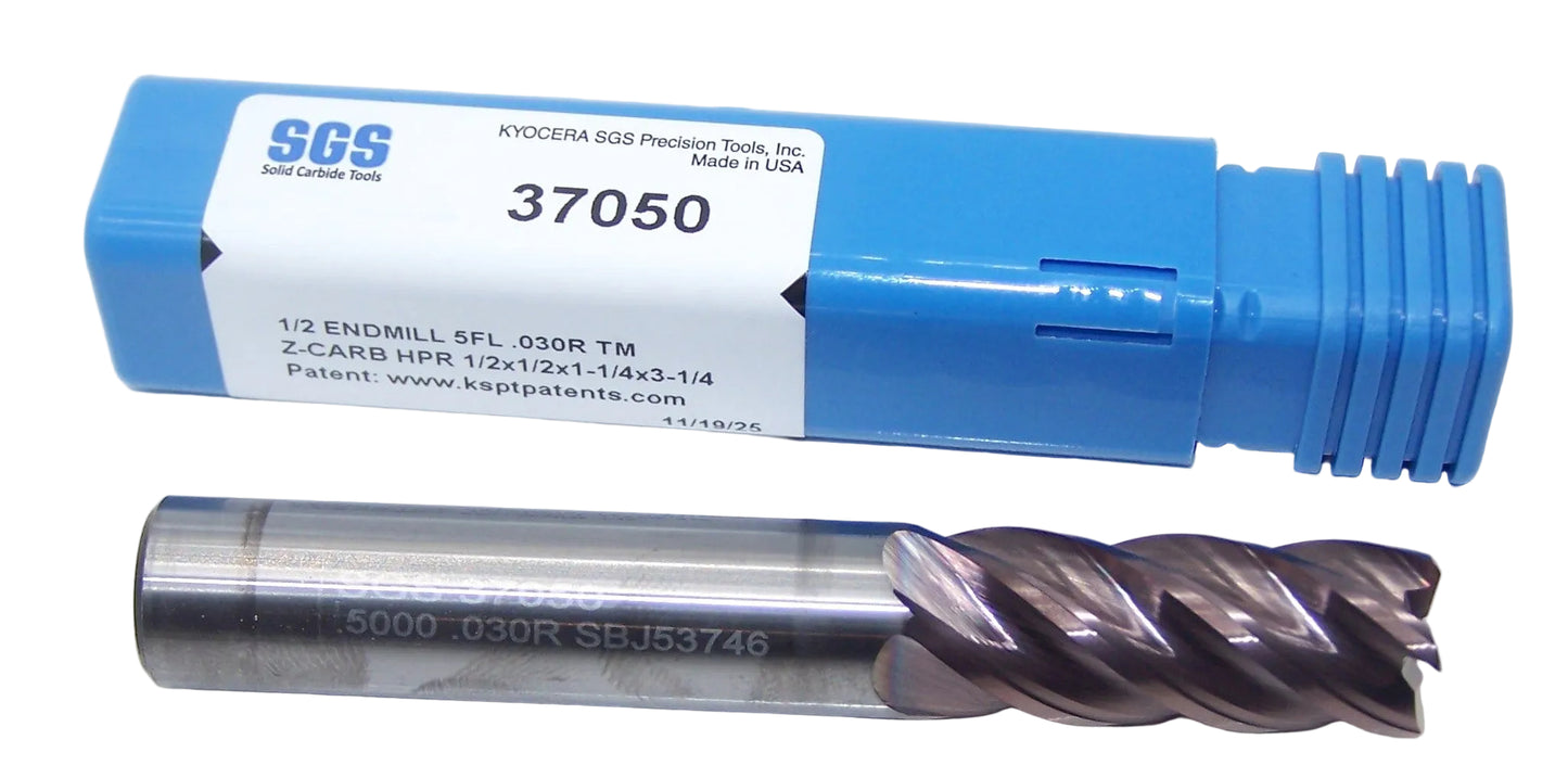 37050 Kyocera SGS 1/2" Carbide 5 Flute End Mill .030" Radius .500" Diameter 1.25" Flute 3.25" Length .500" Shank  Z-Carb HPR