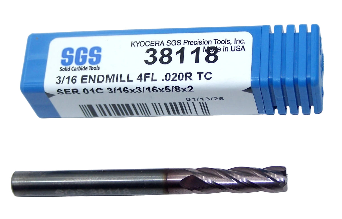 38118 Kyocera SGS 3/16" Carbide End Mill 4 Flute .020" Radius TiCN Coated .1875" Diameter .625" Flute 2.00" Length .1875" Shank