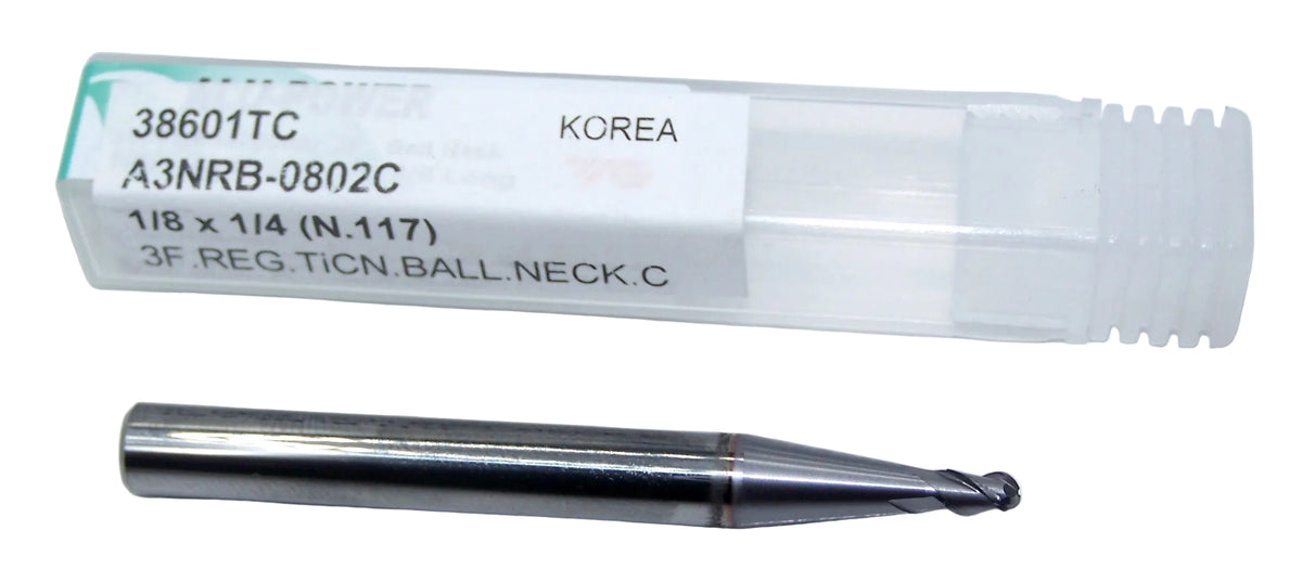 38601TC YG1 1/8" Carbide 3 Flute End Mill Ball End TiCN Coating .125" Diameter .1875" Flute  2.375" Length .250" Shank